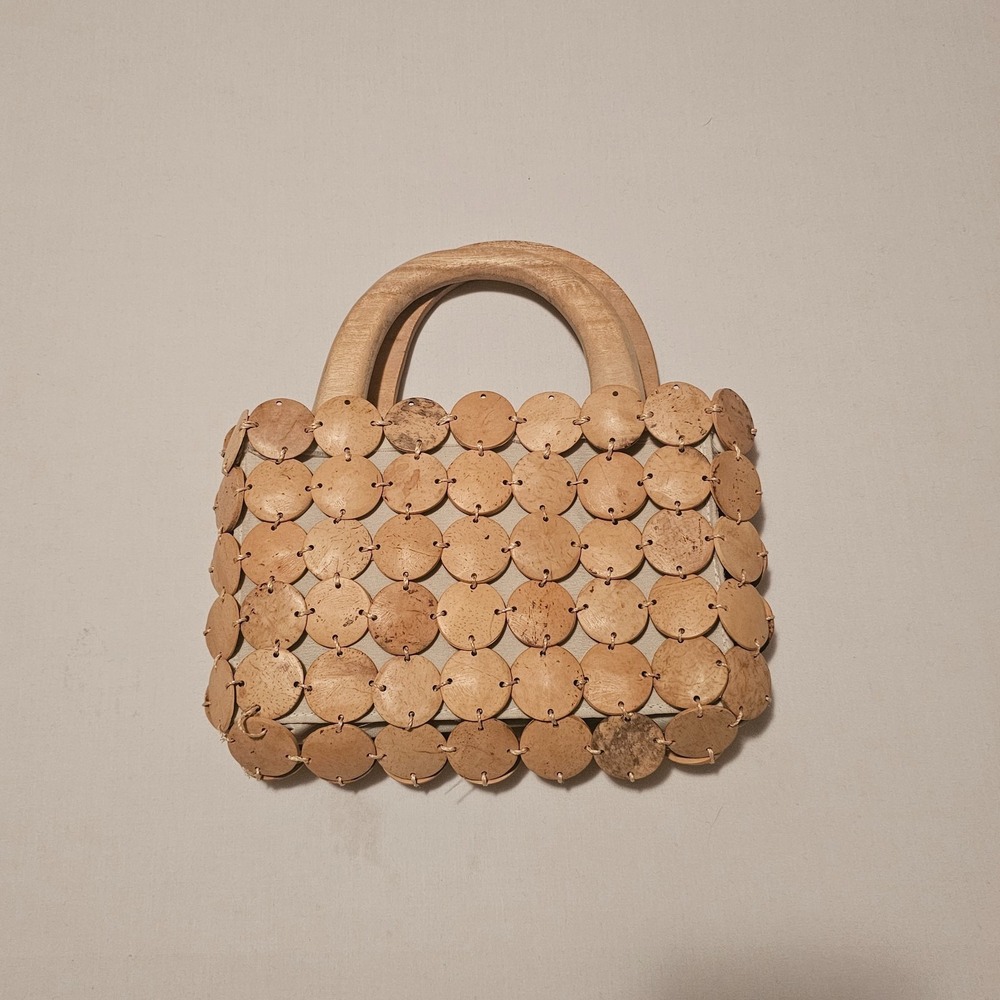 Vintage Wood Disk Beaded Light Brown 2 Top Handles Bag  with Boho Vibes - Picture 8 of 12